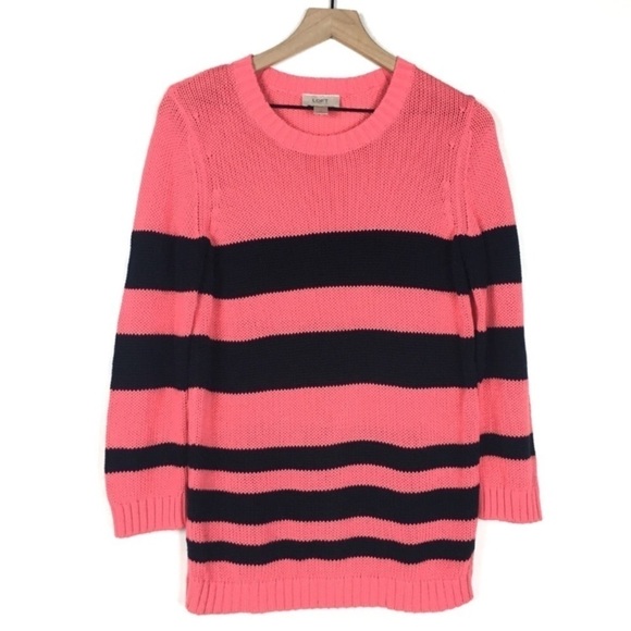 LOFT Sweater Striped Colorblock Crew Neck Pink Navy Minimalist Preppy Medium - Picture 1 of 6